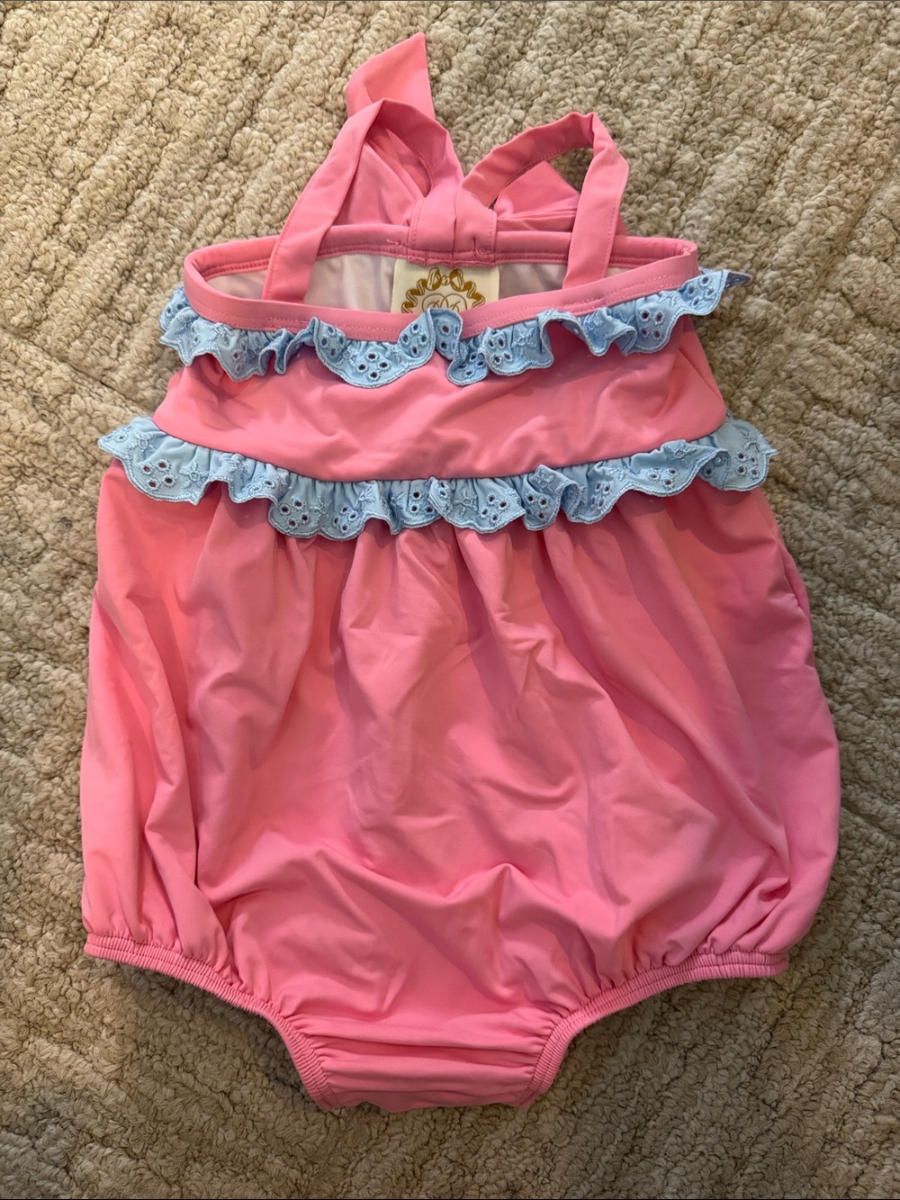 Beaufort Bonnet Company Pink Bubble Romper with Light Blue Eyelet ruffle 12/18m